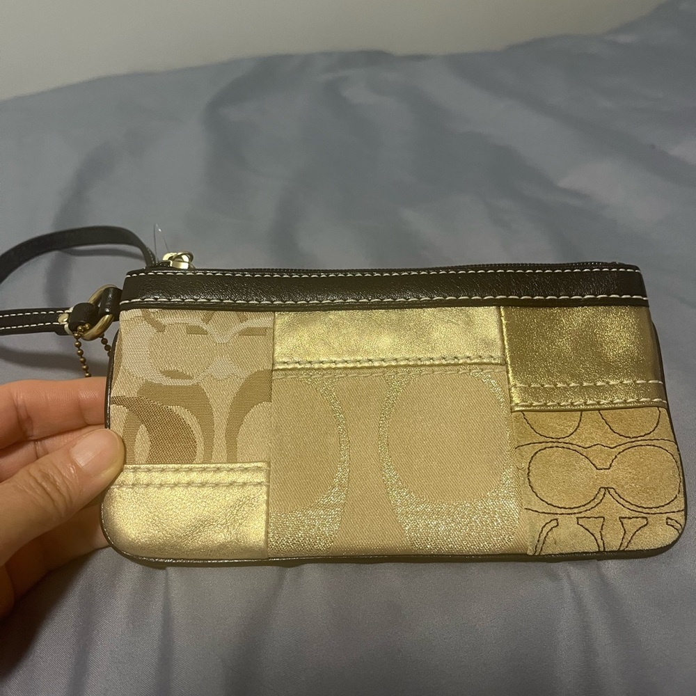 Vintage Coach Patchwork Gold Signature C Suede Wristlet Brown Tan Gold